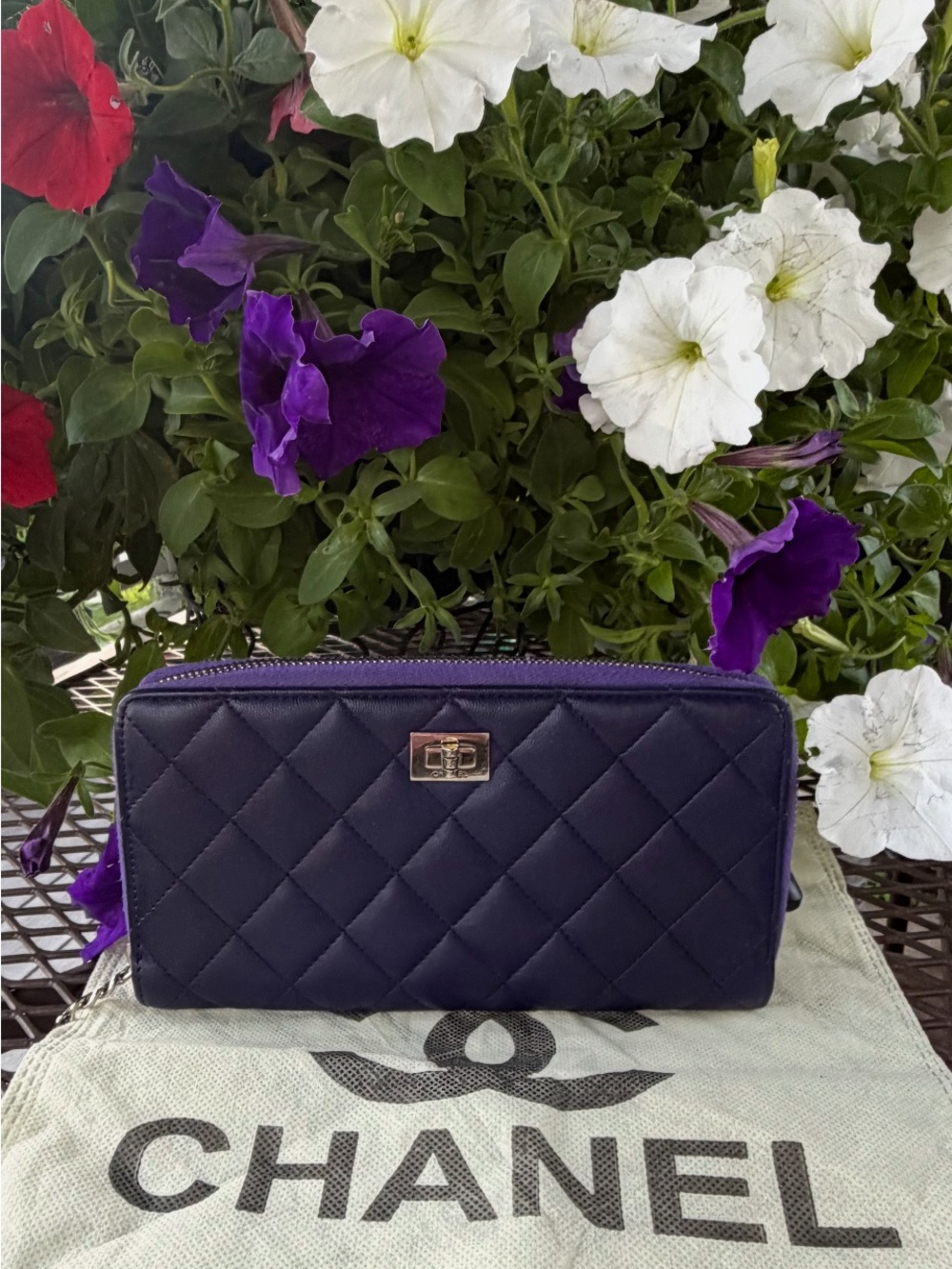 CHANEL PURPLE/PLUM LAMBSKIN QUILTED WALLET WITH COA - Picture 1 of 16